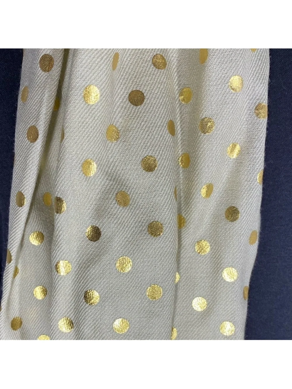 New JCrew 100% Wool Tan Scarf With Gold Polka Dots